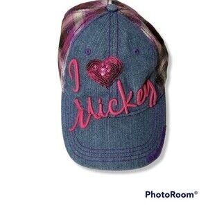 Disney Parks Baseball Cap I heart Mickey  sequins plaid denim adult size